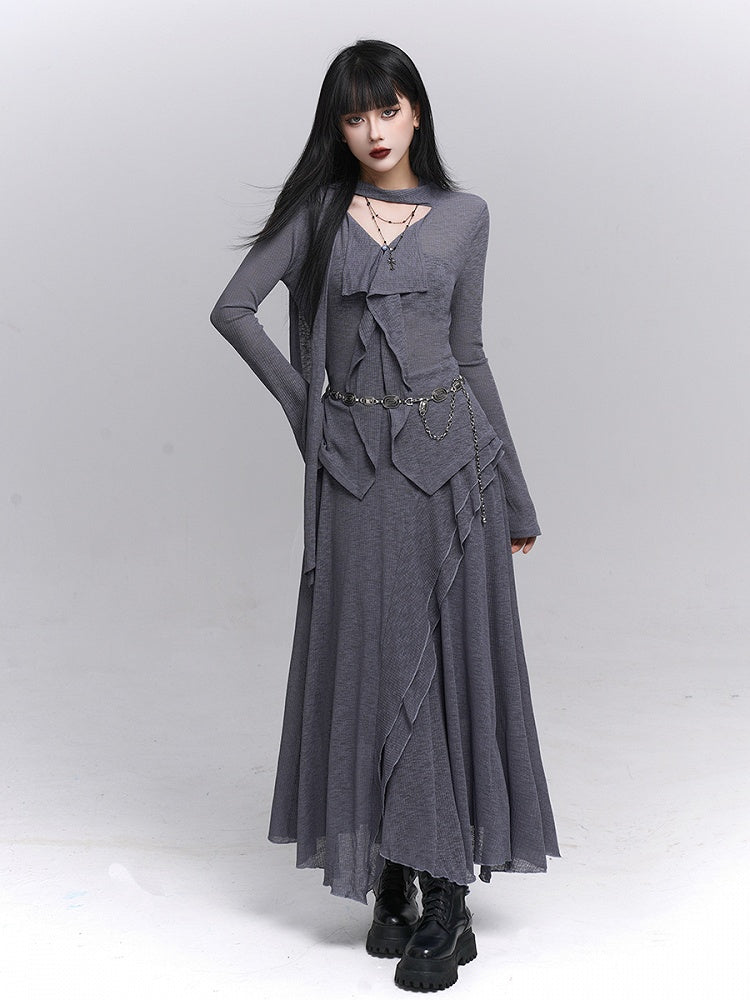 Gray Gothic V-Neck Top with Elegant Ruffle Front & Attached Neck Strap - Lady Ghost