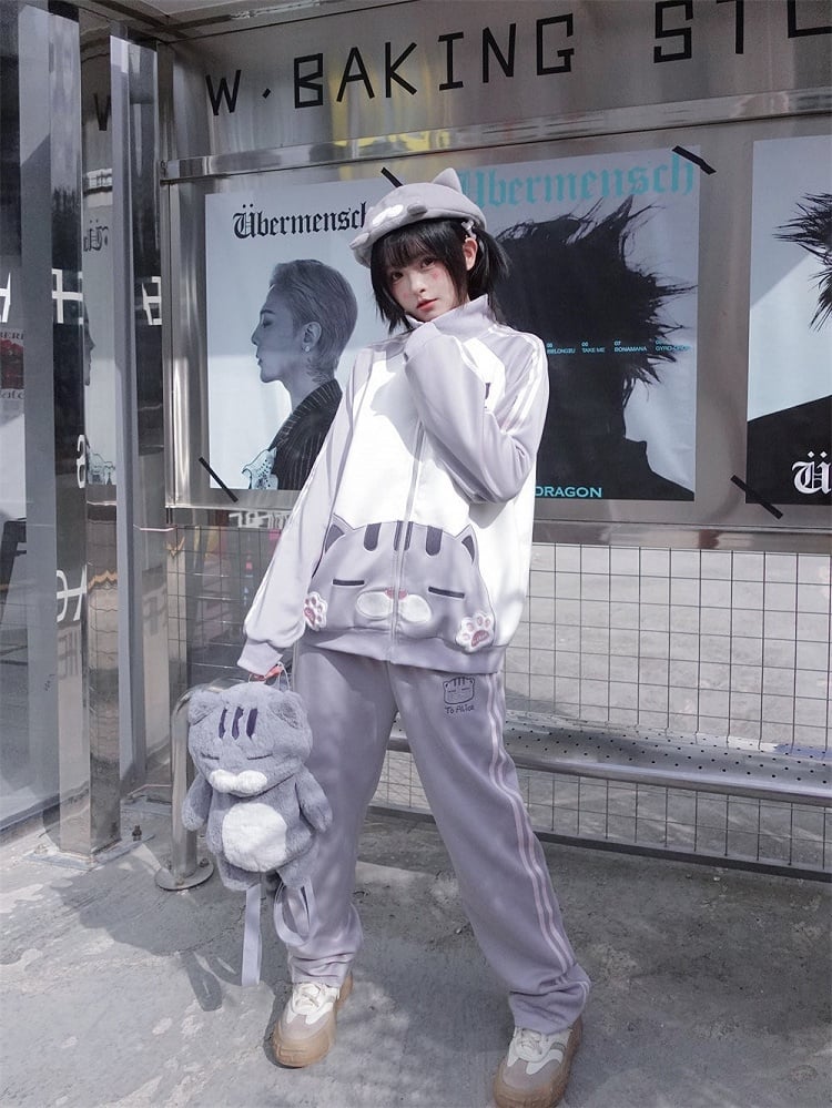 Elastic Waistband Kawaii with Grey Pants Embroidery Cat