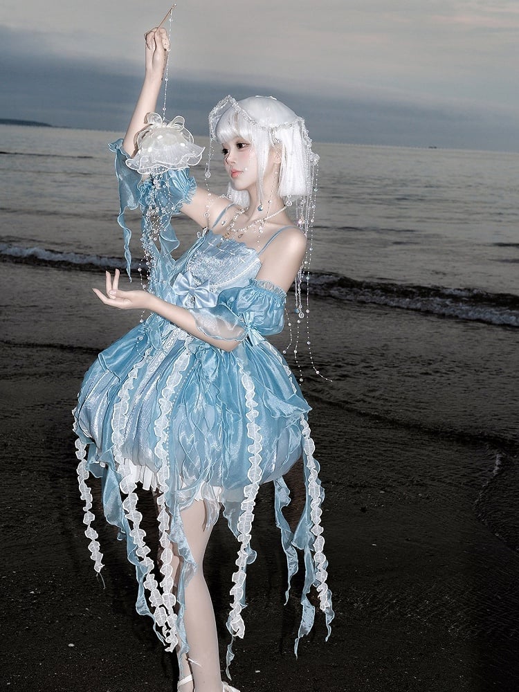 Iridescent Tulle Bubble Dress with Jellyfish Theme, Uneven Hem & Wrist Cuffs Set in Blue - Unknown Star