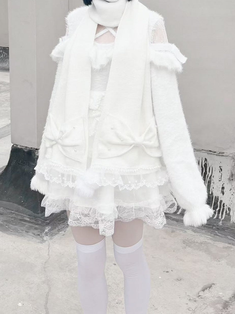 Lace White with Scarf Big Bows Trim and Jirai Bead Embellished Kei