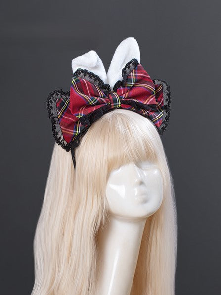 Christmas Red Plaid Bow KC with Lace Trim and Bunny Ear Design