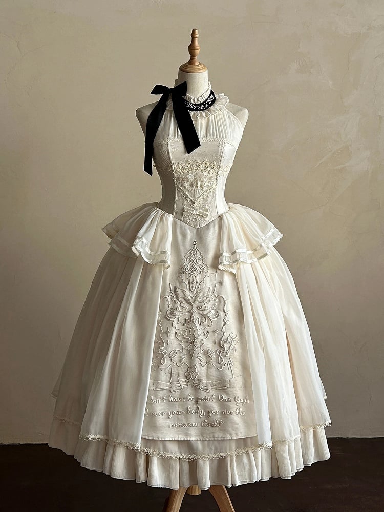 Neck Halter Detail Classic Creamy Dress Lolita Embroidery Backless Delicate
