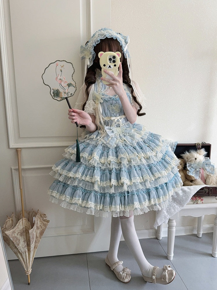 Stickerei Kleid Details Lolita und mit Rüschen Blau Süße Tiered Goldfisch Spitze