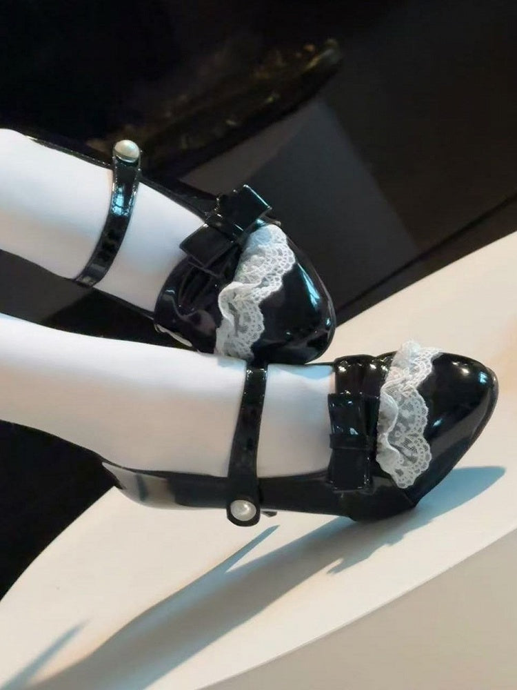 - Sweet Black PU Lace Trim Style Detachable Lolita in Leather Heels