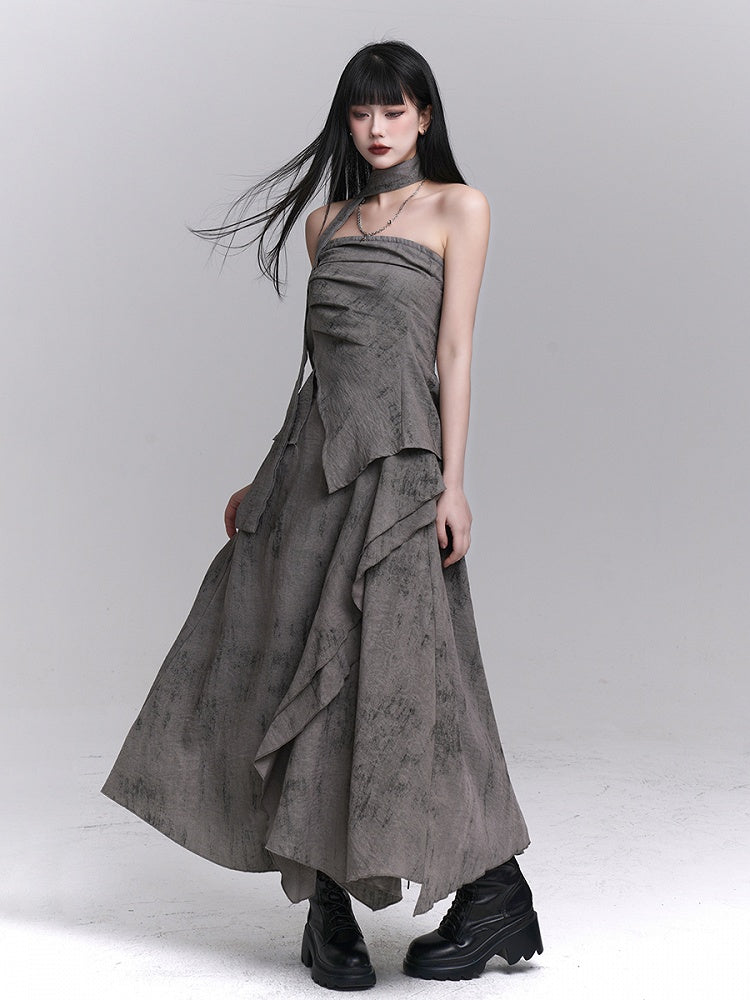 Gray Splatter Punk Matching Layered with Asymmetric Wasteland Neck Ruching Strap Bustier