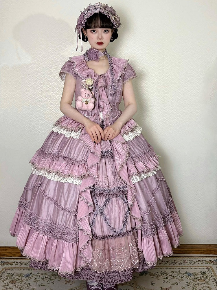 House Ruffle Dress Front Self-tie Straps Purple Cascading Placket Style Pink Lolita