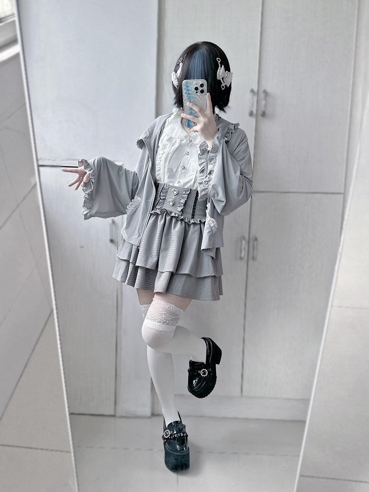 Jirai Kei Sleeves with White/Black/Blue/Pink/Gray Hooded in Baggy Kitty-Ear Long Jacket