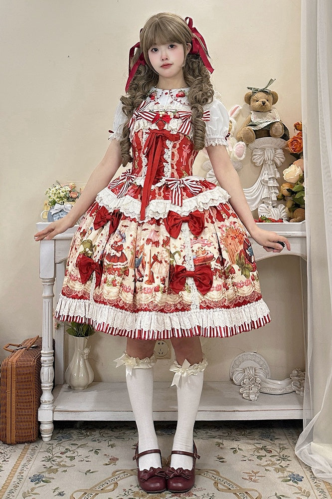 赤とイチゴのプリントドレススカートスイートロリータジャンパーバニー