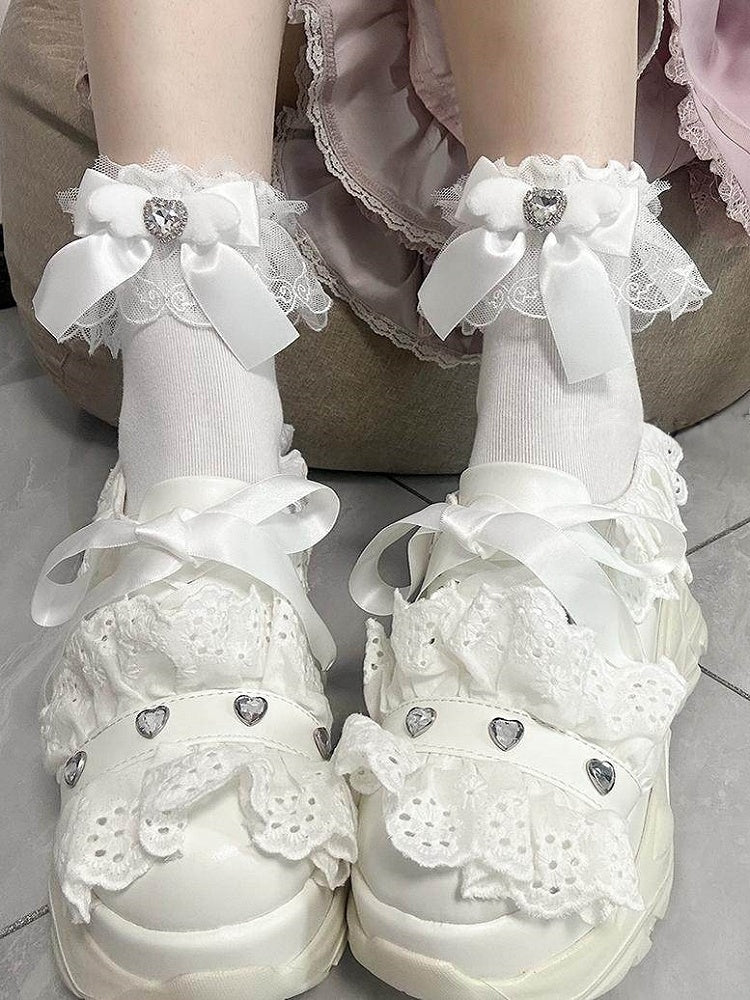 Kei Decoration Jirai Wing-Inspired with Ruffled Bow Socks Colors Rhinestone 4