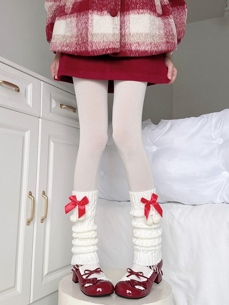 Red Decorations Leg Warmers with 40CM Pom-pom White Knitted Bow