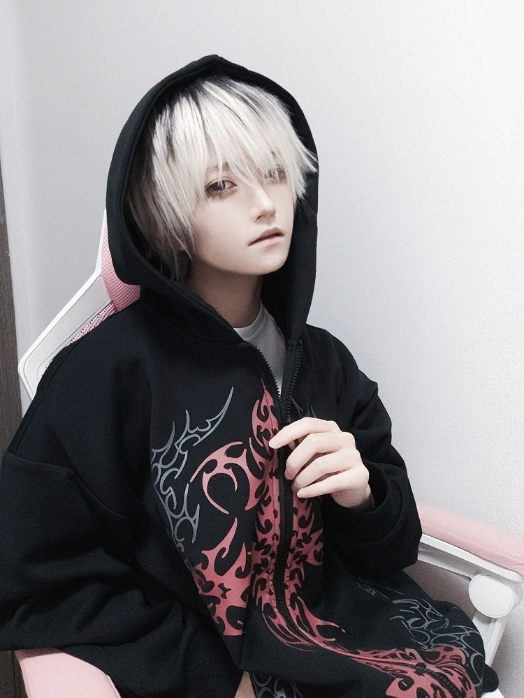 Black Cross Gothic with Zip-Up Red Print Hoodie Thin/Thick