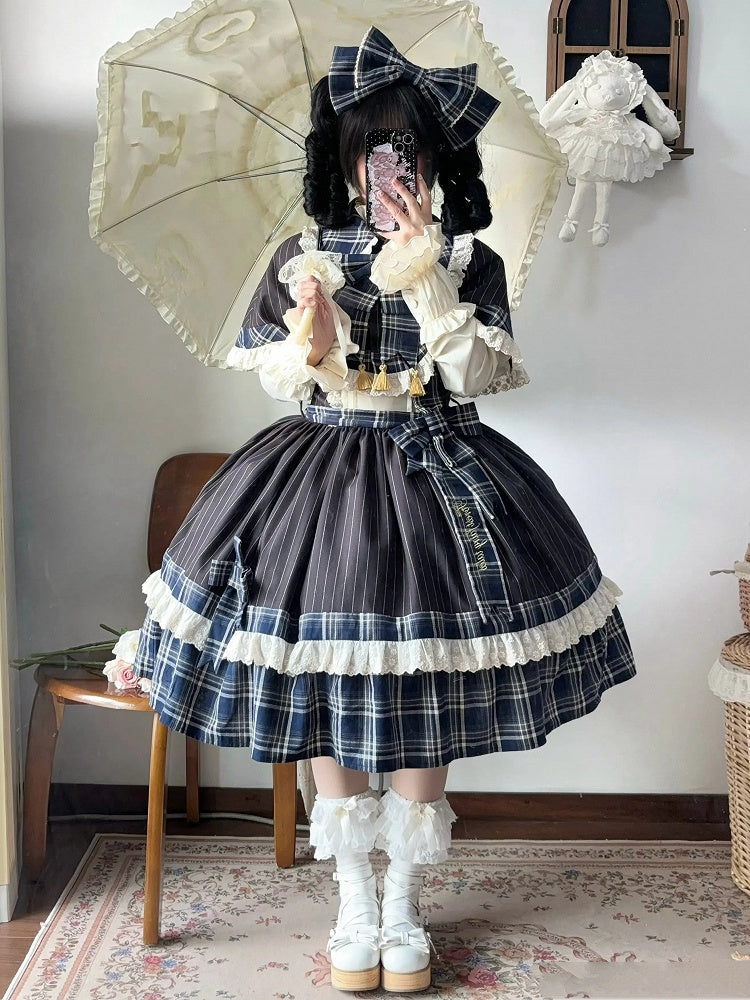 Blue Plaid and Black Striped Pattern Lolita JSK + Cape