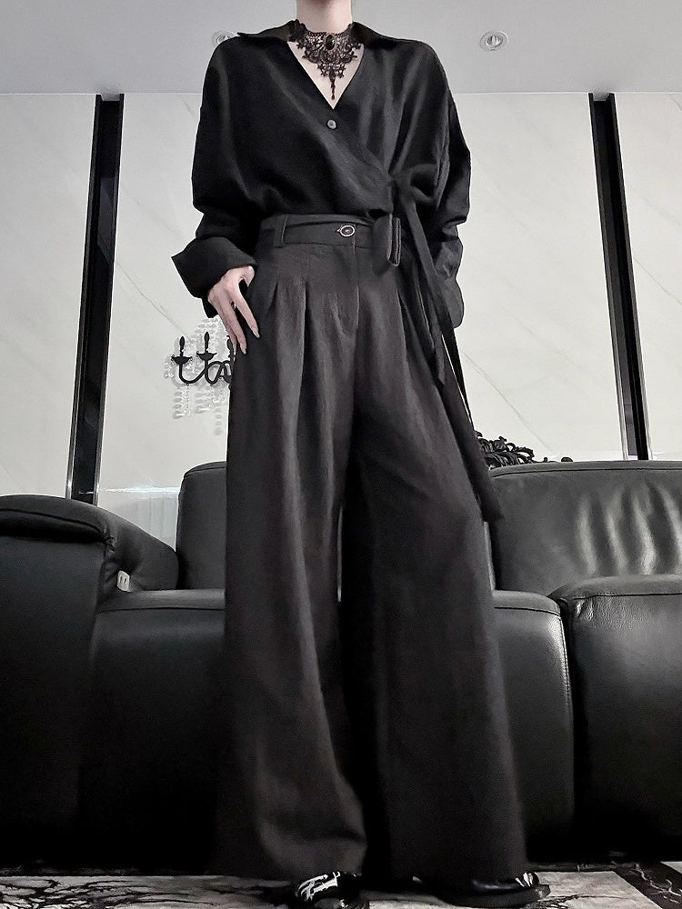 Belt Long Style Shirt Sleeve Self-tie Black Cheongsam