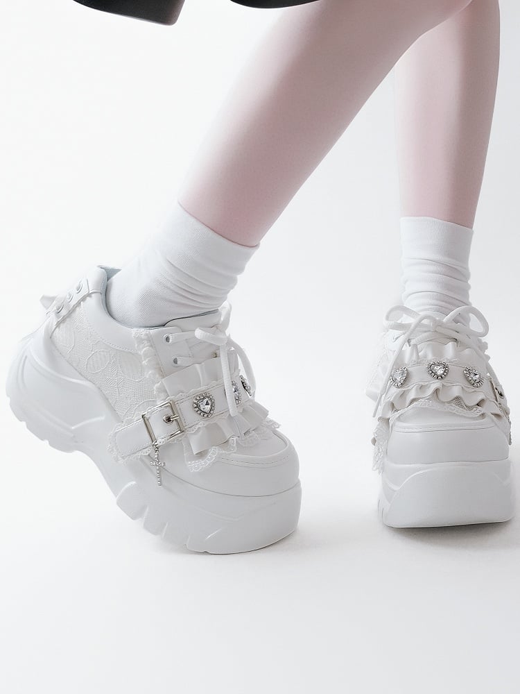 Lacing Crystal Kei Heart Back Jirai Shoes - Platform White