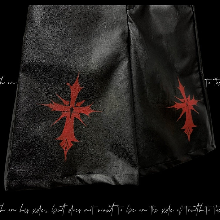 Cross Y2K Red Black PU Studded Glamorous Pattern Wide-Leg Pants