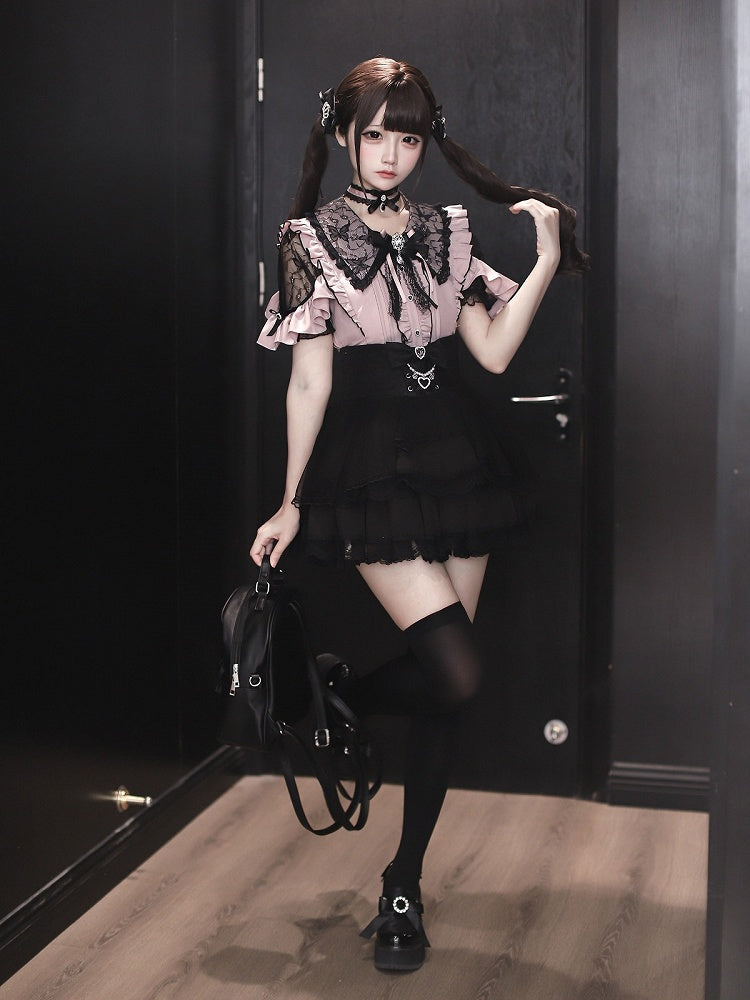 Jirai Kei Black & Pink Lace Cutout Shoulder Short Sleeve Ruffle Blouse - Ekomi
