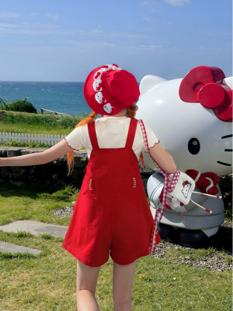 Red Plaid Bowknot Plush Kitty Overall Shorts