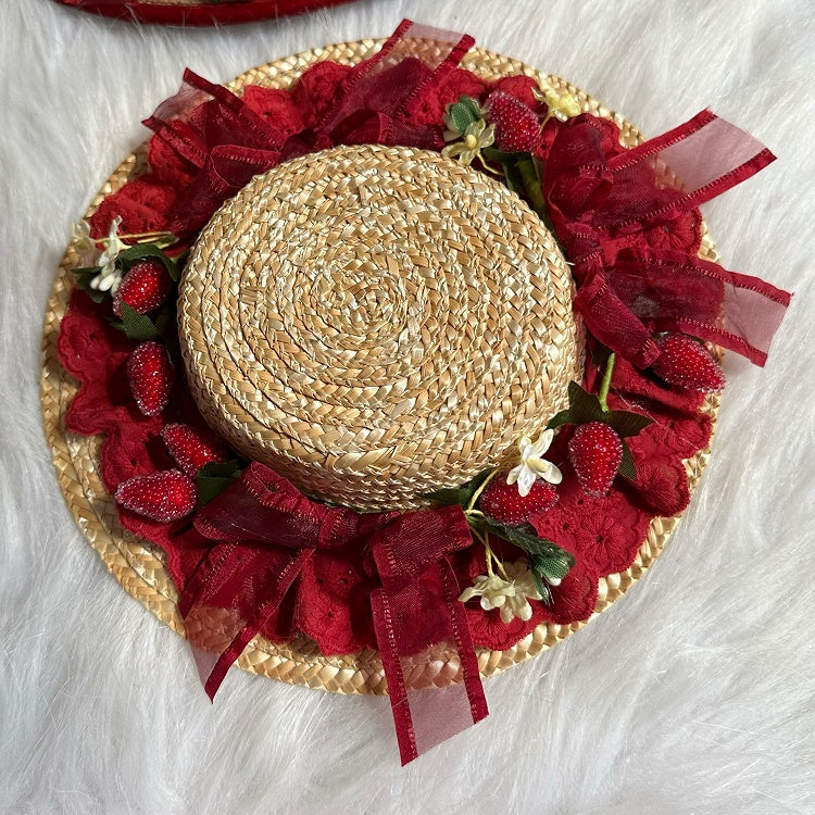 Strawberry Bow Decorations Details Lolita Sweet Straw Mini Hat