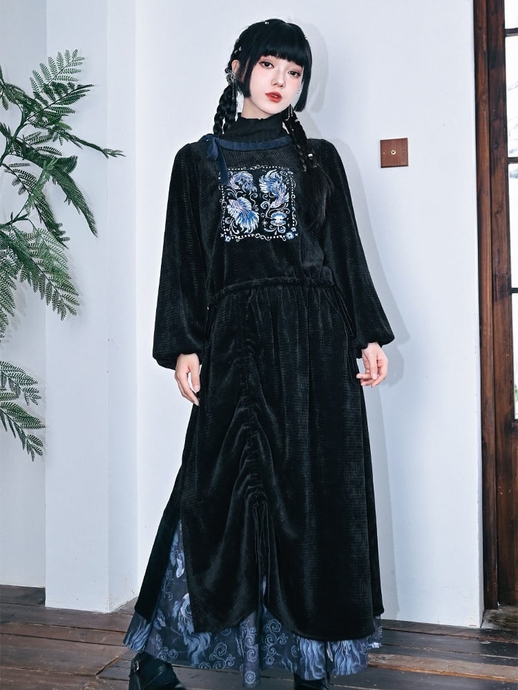 Embroidery Mock Cheongsam - Neck Black Goth Sweatshirt with Goldfish