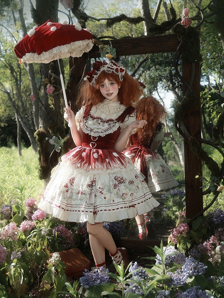 Red Velvet Mushroom JSK Dress with Heart Motif - Honey Machine