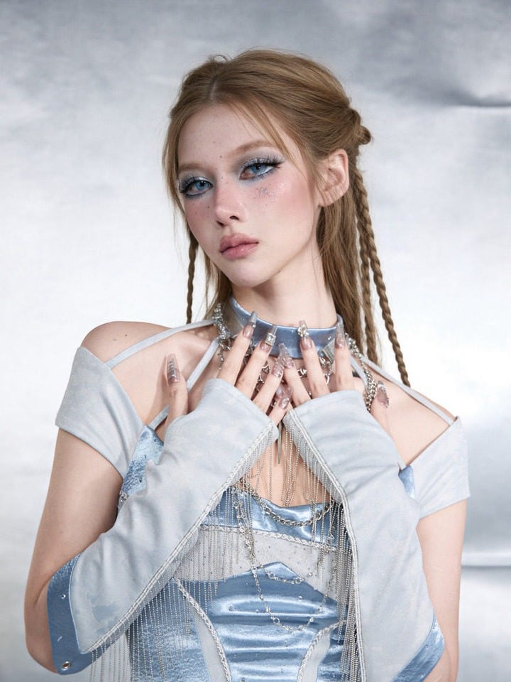 Blue Rhinestone Wrist Cuffs with Tassel Details - Virtual Orbit