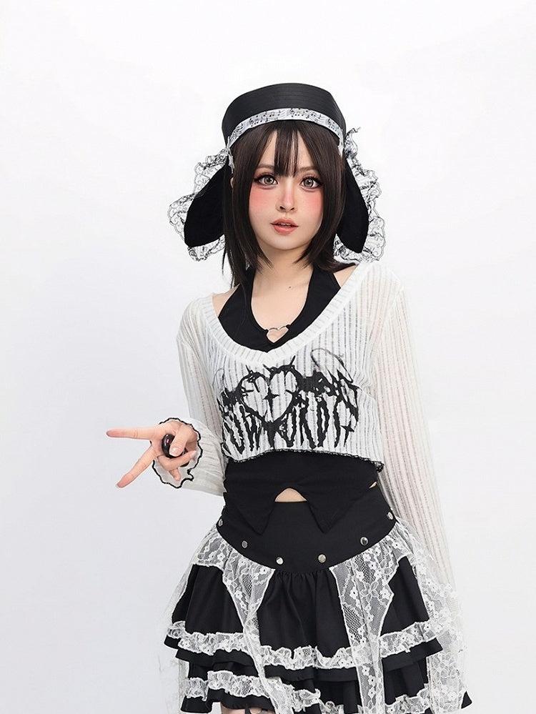 Set Black Halter Design Bittersweet with Top Sleeves White Long Neck Heart