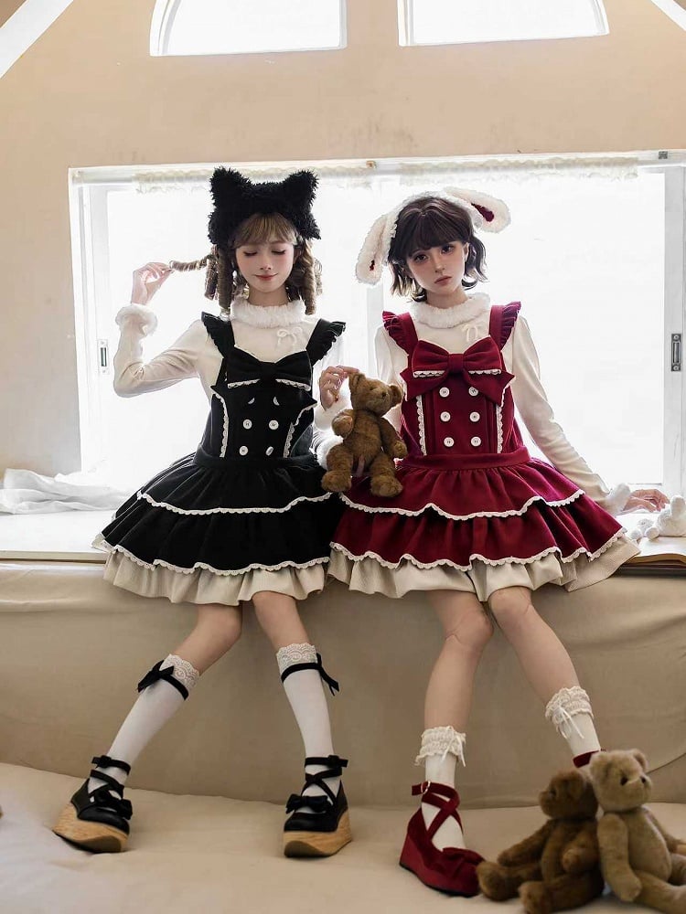 Tiered Ruffle Overall Sweet Dress Black Hem and Shoulder with Straps Lolita Bow