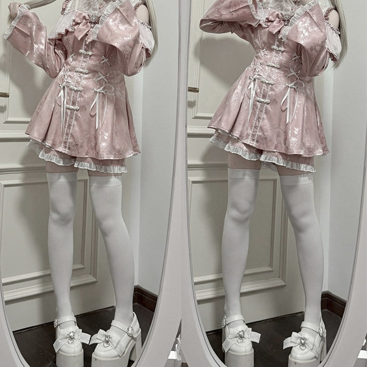 セット - ショートパンツ、蝶ネクタイネックライン、ベルスリーブ、イリュージョンチャイナドレス、ミニドレス、ダスティジライスタイル、ピンクケイ