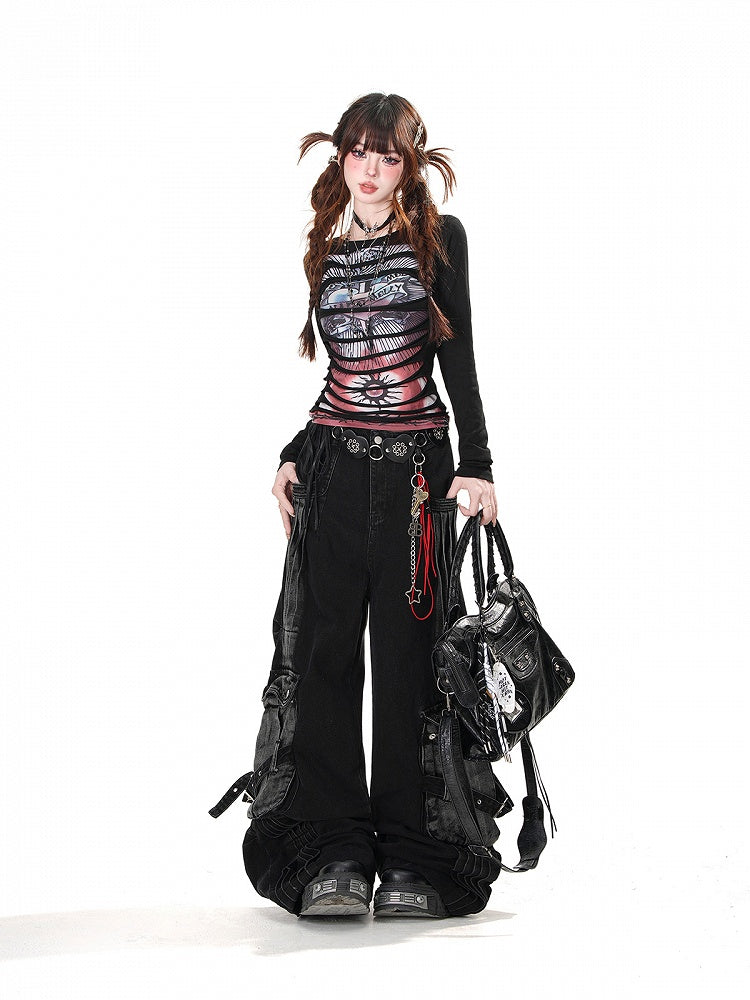 Round Punk Top Black/White Graphic Glamorous Neck