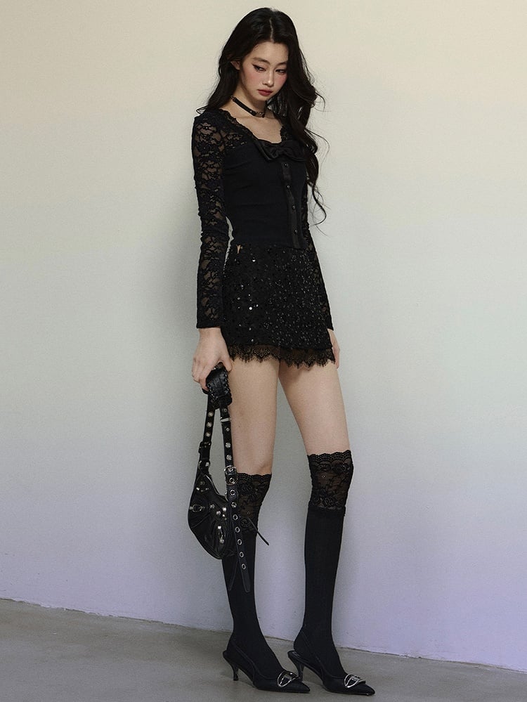 Black Bowknot Details Lace Sleeves V-neck Knit Top