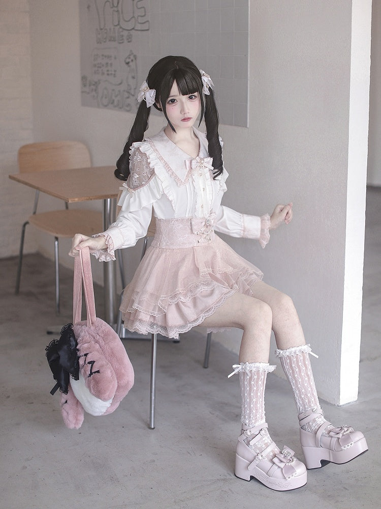 Jirai Cutouts Delicate with Blouse and Kei Sweetness White Pink Lace Flat Collar Pointed