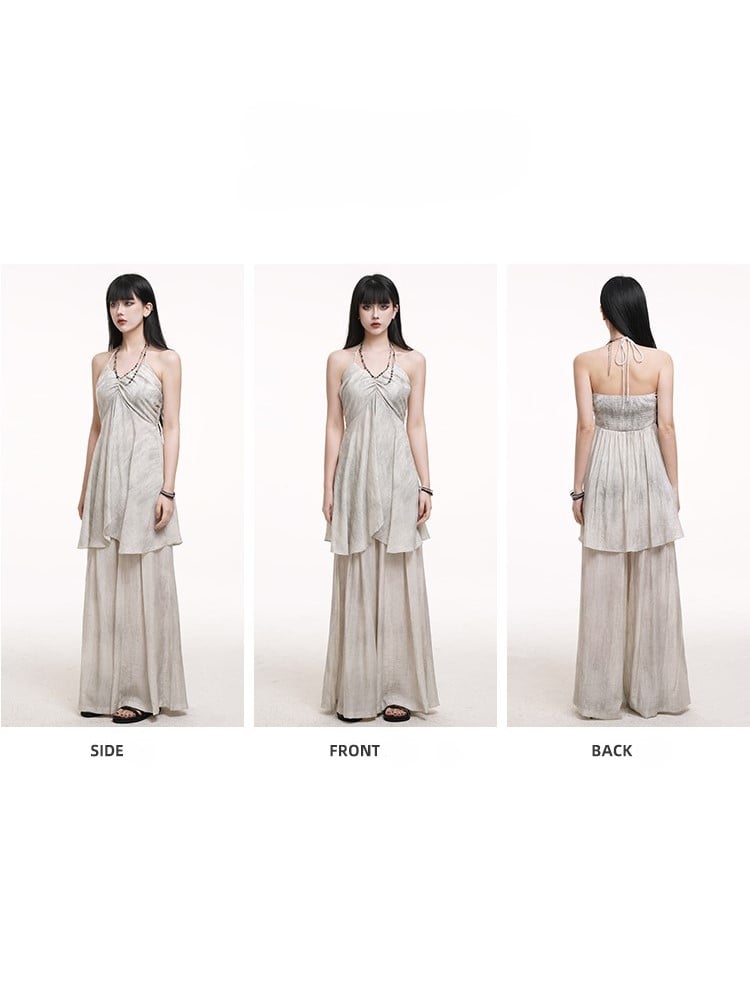 Floor Skirt-Like Wide-Leg Length Gothic with Gray Pants Drape