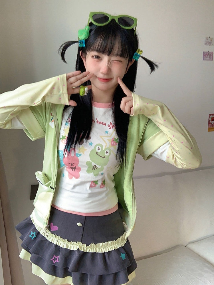 トップス キュート ショート フロッグ スリーブ グリーン