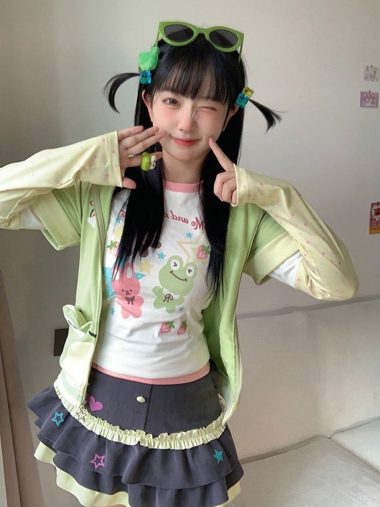 動物柄 ホワイト イエロー 袖 プリント 星 かわいいトップス