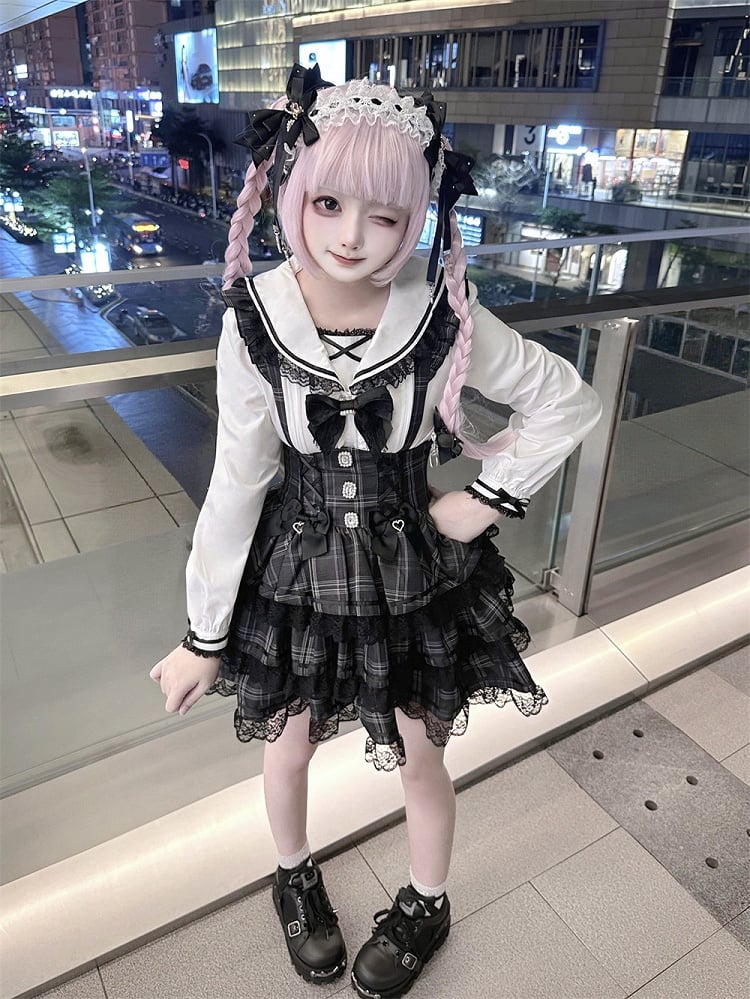Plaid Flutter Landmine Tiered Skirt with Style Sleeves Suspender Gray Vintage