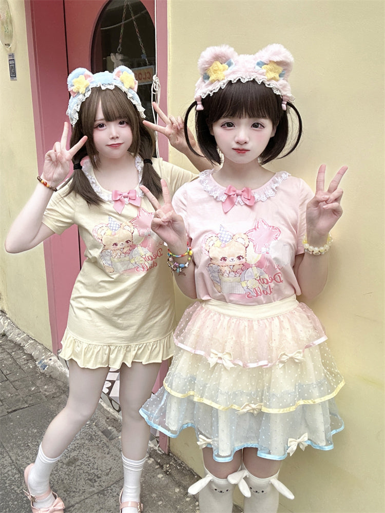 Ruffled Adorable Teddy Bear Print Bowknot Pink/Yellow Neckline Embellished T-Shirt