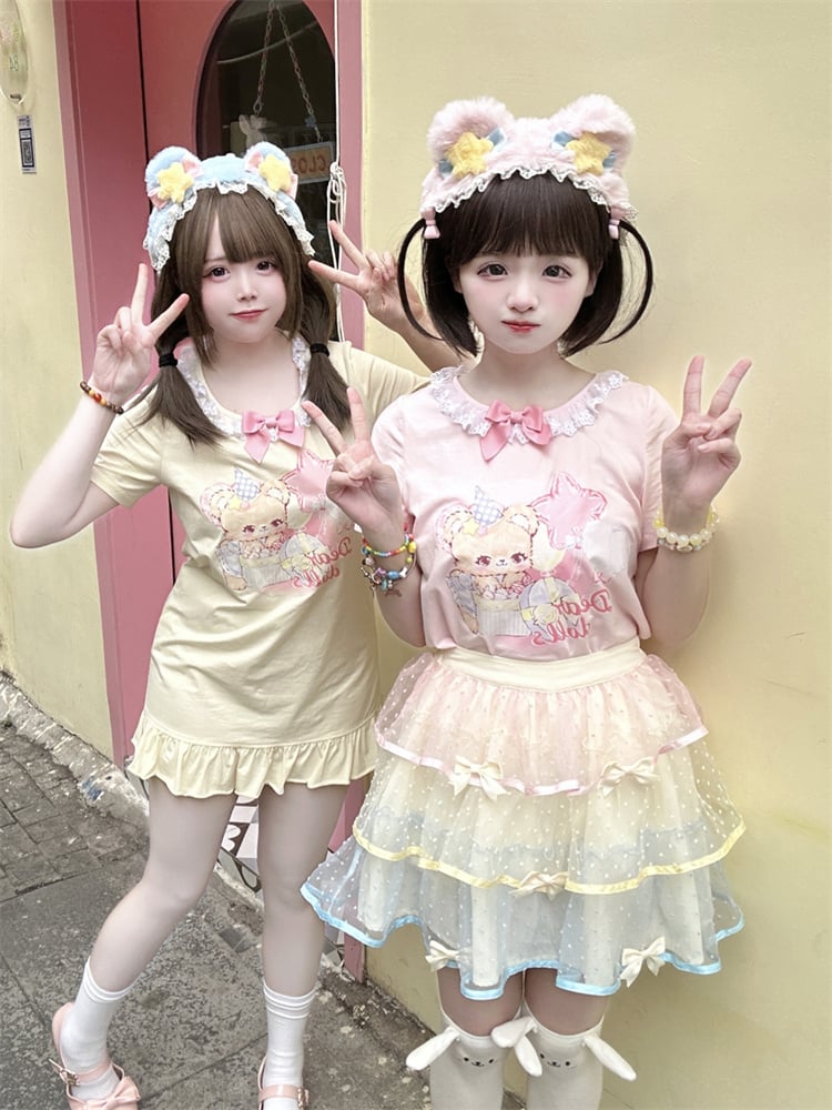 Adorable Teddy Bear Print Bowknot Ruffled Dress Neckline Embellished Pink/Yellow Mini