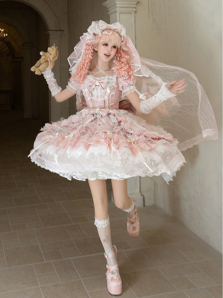Detachable Long Hairclip with Veil Lace + Bow Pink Lolita