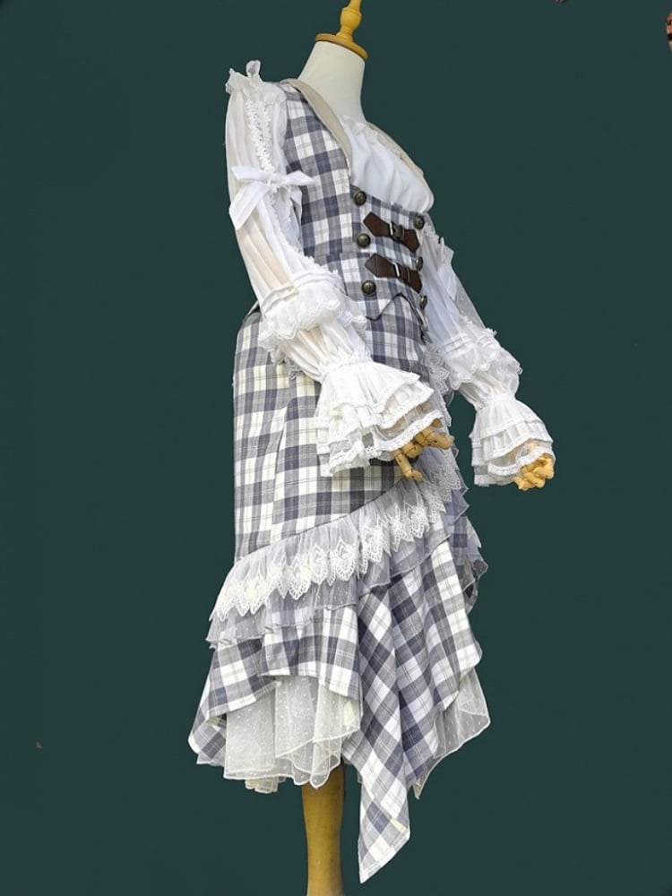Trim Steampunk with Asymmetrical Lace Skirt Plaid White Blue Lolita Ruffled