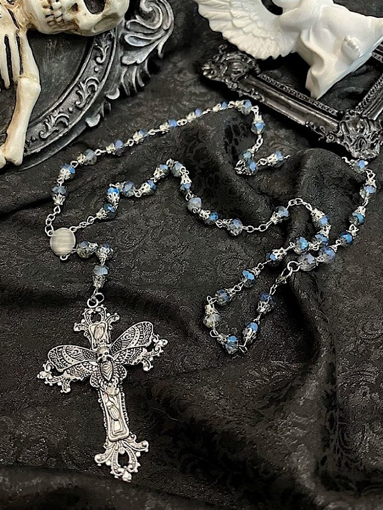 Two-Tone Gothic Cross Pendant Beaded Necklace