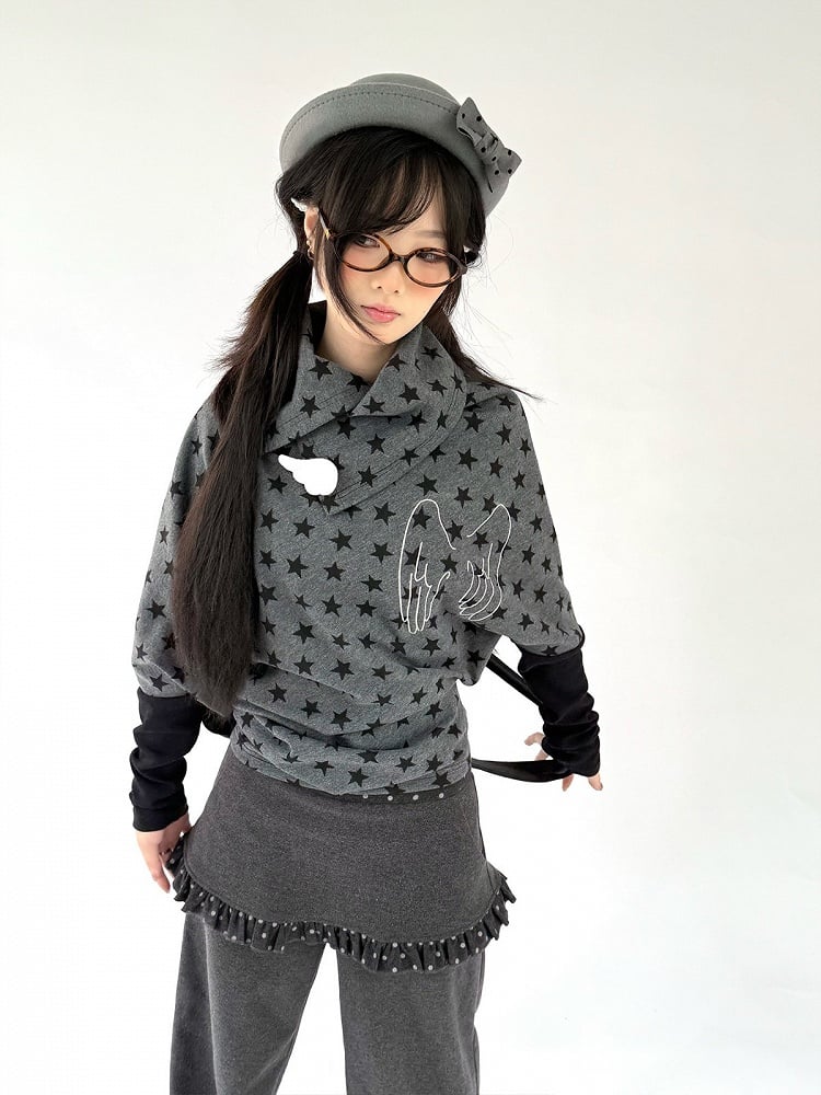 Blouse Star Angel Long Pattern with Wing Asymmetrical Gray Dark Sleeve Accents