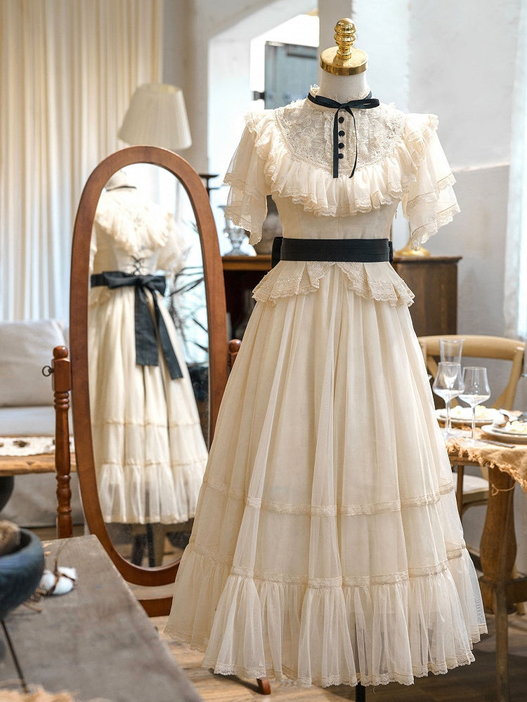 Beige Klassische Taille Schwarz Elegante Kleid Ausschnitt Lolita Illusion Edward Gürtel mit