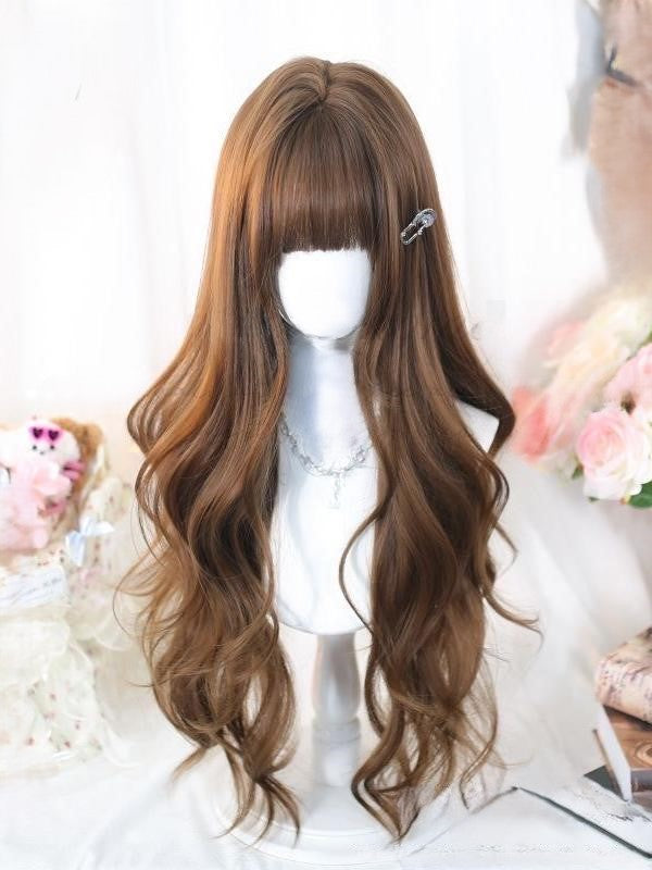 Orange Red Full Bangs Long Wavy Wig