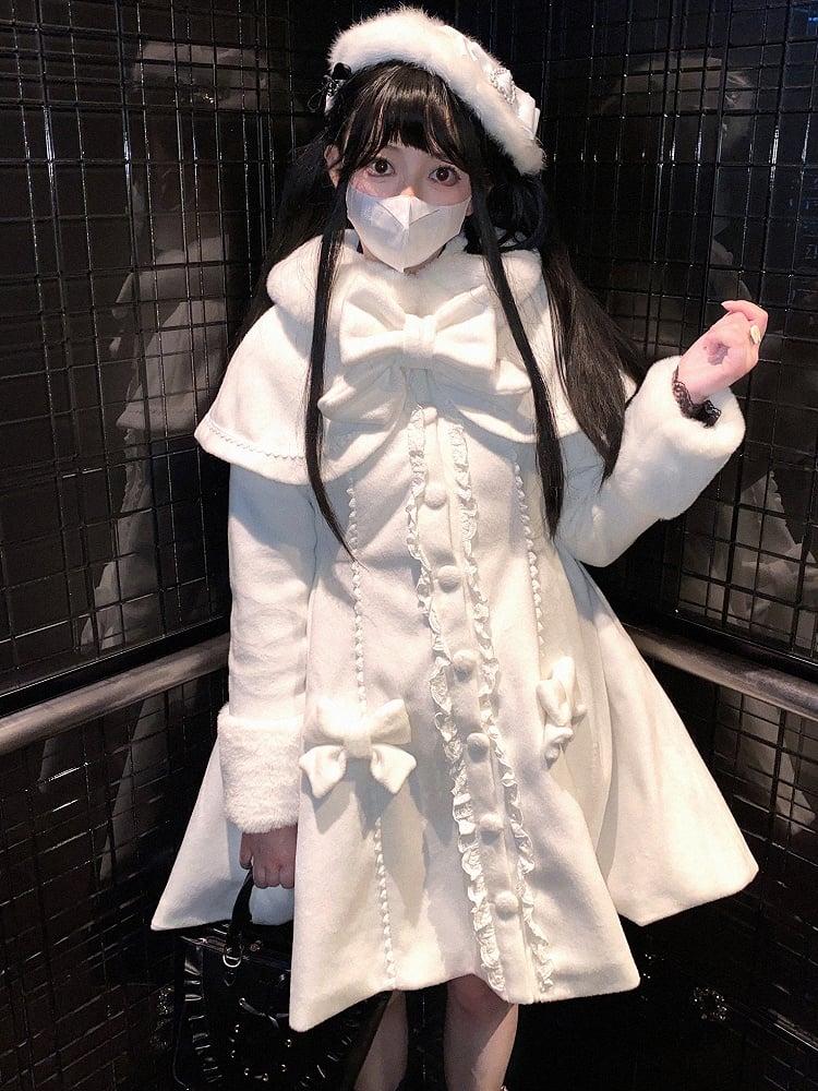 Jirai Kei Black/White Bowknot Details Plush Beret