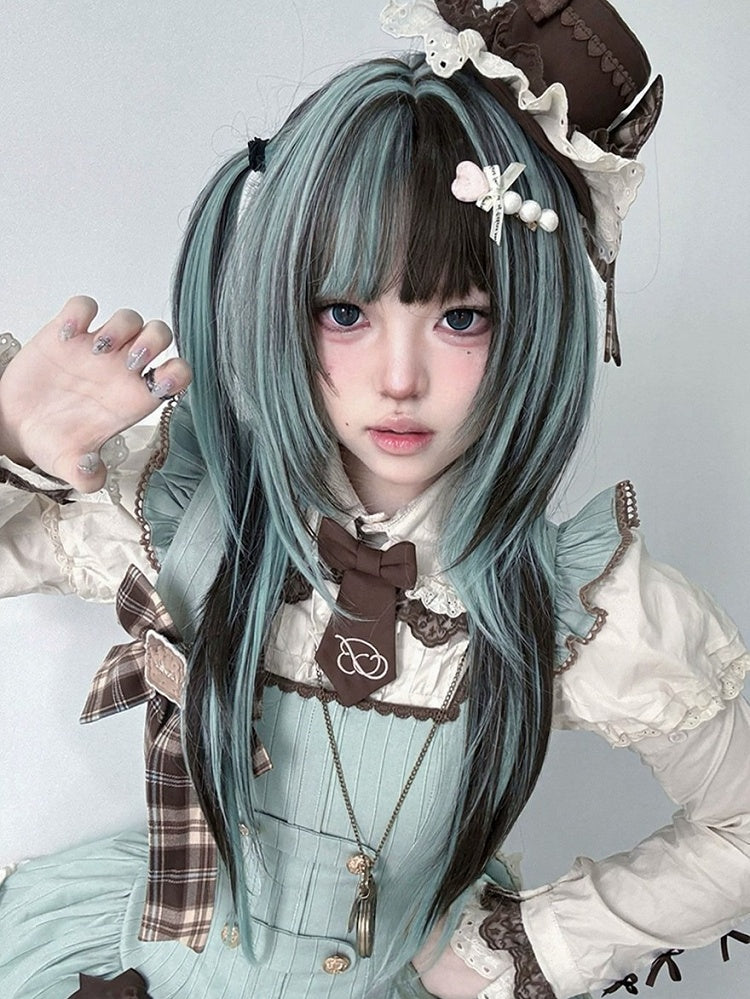 Mint Green & Chocolate Highlight 73cm Straight Full Bangs Wig - Alice Garden