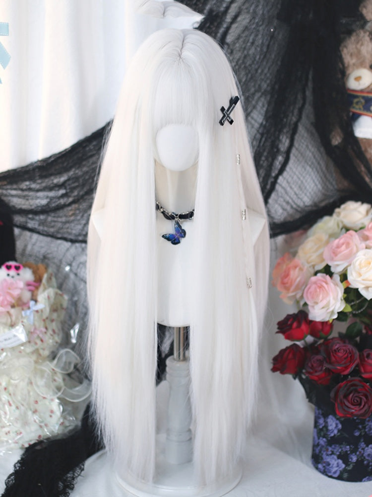 White Under Bust Length Straight Wig with Full Bangs