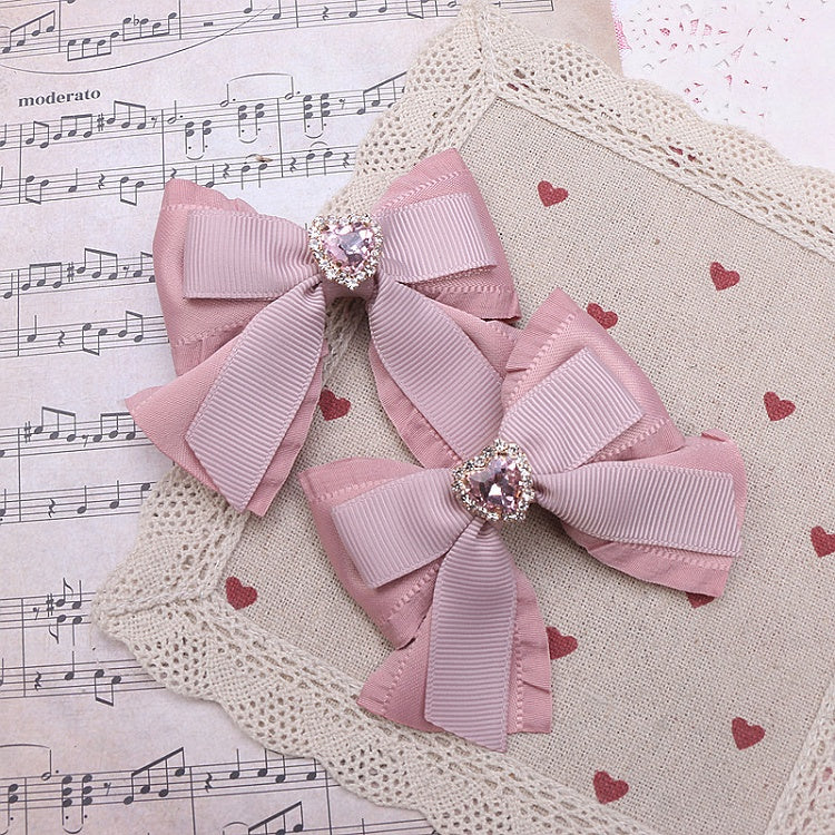 Rhinestone Jirai Hairclip / Heart Black Bowknot Pink Kei