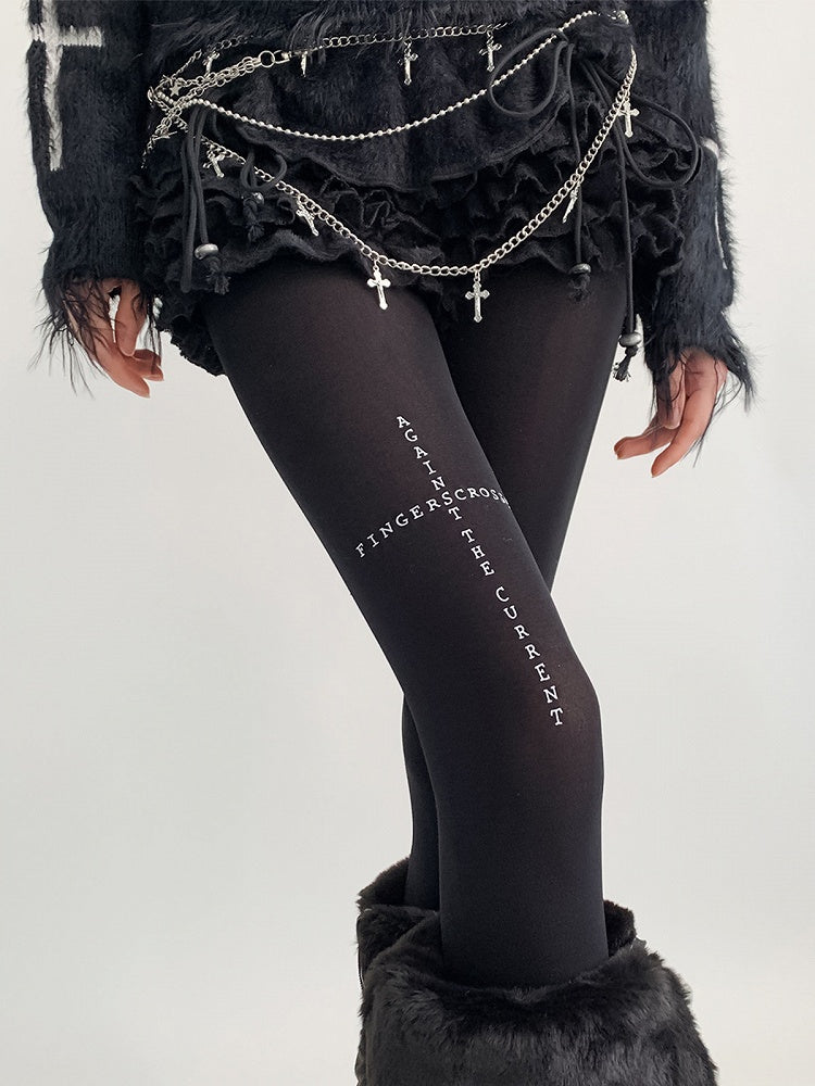 Print Text Black Tights Opaque Cross