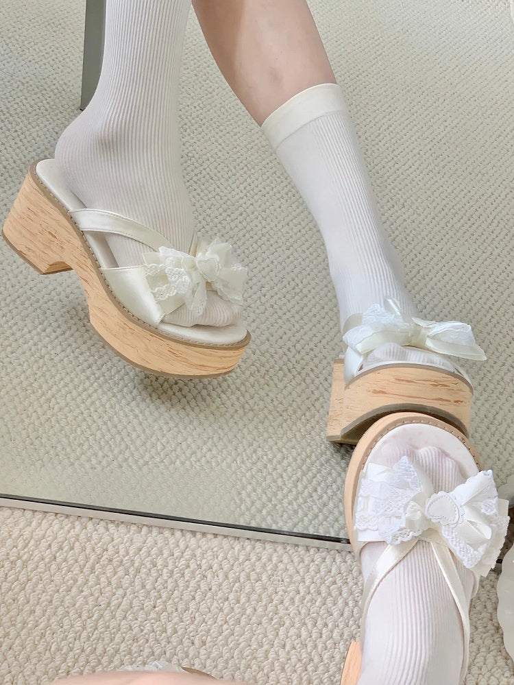 Top Platform Heart - Accent Slippers Bow Off-white Grain Wood with Lolita