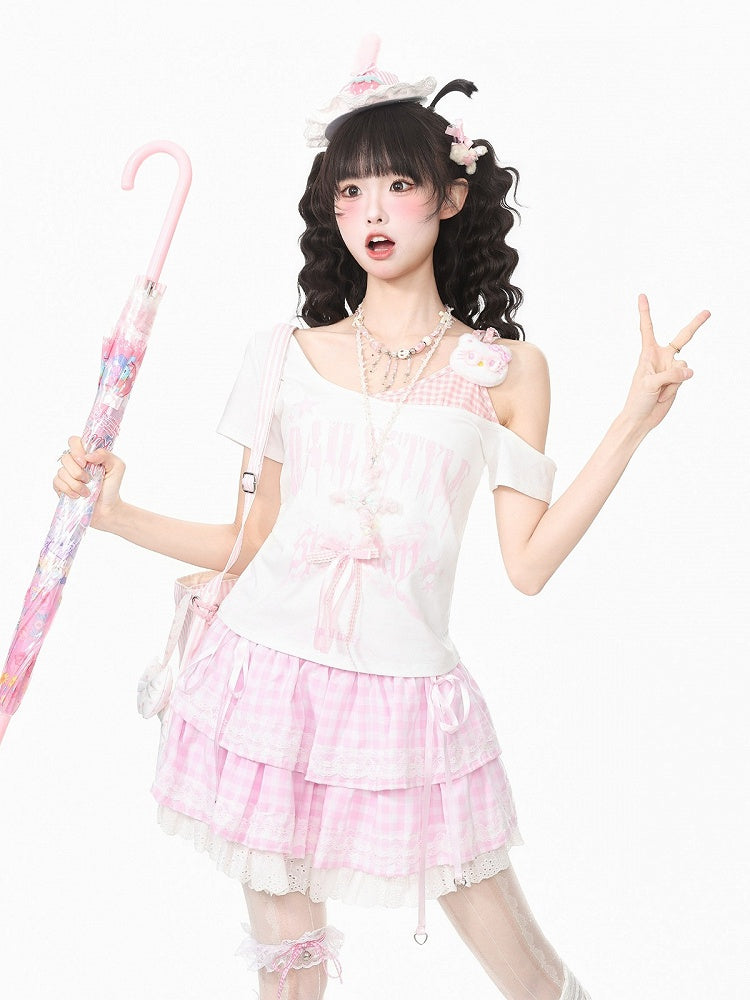 Off-Shoulder Pink Tee with Bow and Kitty Motif - Languid Park
